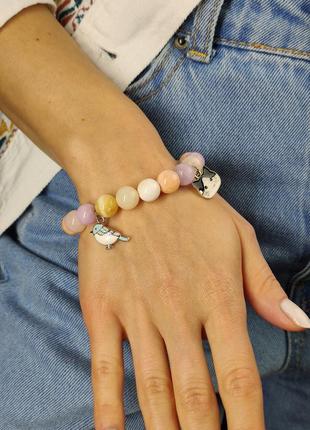 Bracelet with natural stone - Morganite and pendant "Kitty and bird"6 photo