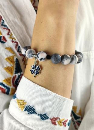 Bracelet with natural stones and pendant "Clover"3 photo