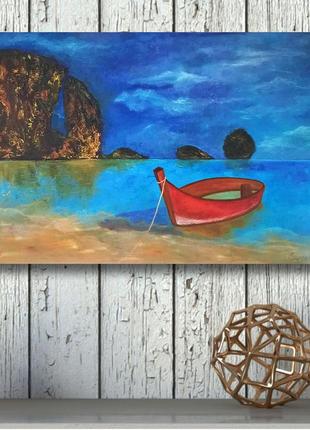 Sea boat painting. Beach art