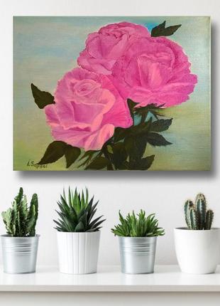 Still life rose flower oil painting. Pink rose flower wall décor