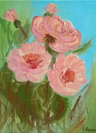 Still life  oil paintings of roses with a palette knife