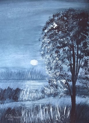 Watercolor painting of a lake with moon path. Original watercolor painting.