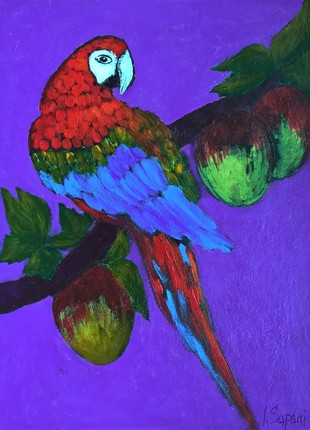Macaw parrot portrait. Paintings of birds and fruit. Original painting