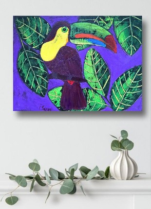 Painting with Toucan bird in the forest. Simple bird painting