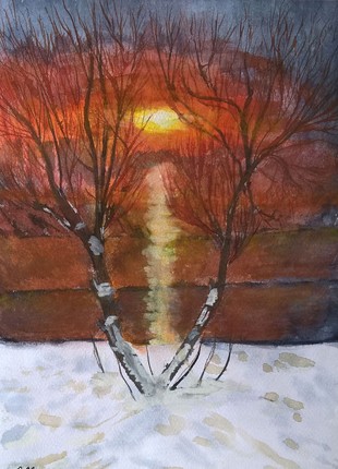 Watercolor painting of a sunset over a winter lake. Nature painting