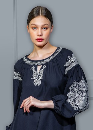 Dress "Petrykivsky painting" blue (silk)3 photo