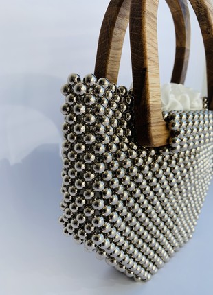 BAG made of beads, handmade, wooden handles, minimalism, gift for a girl, aesthetic bag metal beads4 photo