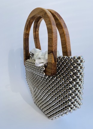 BAG made of beads, handmade, wooden handles, minimalism, gift for a girl, aesthetic bag metal beads6 photo