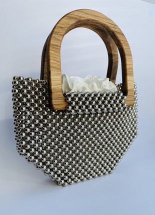 BAG made of beads, handmade, wooden handles, minimalism, gift for a girl, aesthetic bag metal beads2 photo
