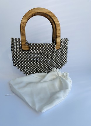 BAG made of beads, handmade, wooden handles, minimalism, gift for a girl, aesthetic bag metal beads8 photo