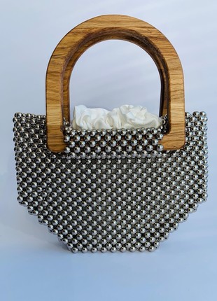 BAG made of beads, handmade, wooden handles, minimalism, gift for a girl, aesthetic bag metal beads1 photo