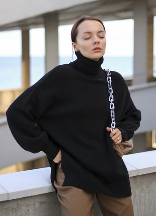 Black Woolen Sweater With Slits SHTOYKO