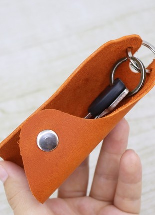 Leather Minimalistic Orange Key Organizer Case with Button, Key Holder/ Orange2 photo