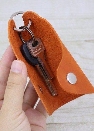 Leather Minimalistic Orange Key Organizer Case with Button, Key Holder/ Orange4 photo