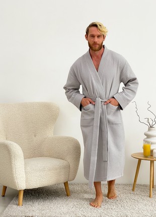 Men's waffle robe COZY collarless kimono gray 8211 photo