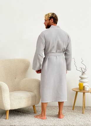 Men's waffle robe COZY collarless kimono gray 8212 photo