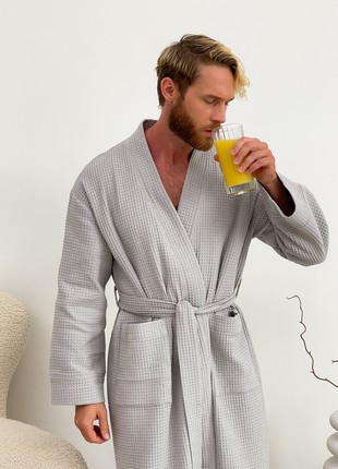 Men's waffle robe COZY collarless kimono gray 8216 photo