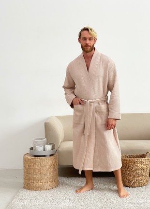 Waffle dressing gown for men COZY collarless kimono beige 822