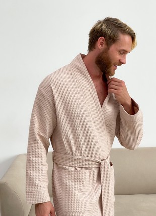 Waffle dressing gown for men COZY collarless kimono beige 8225 photo