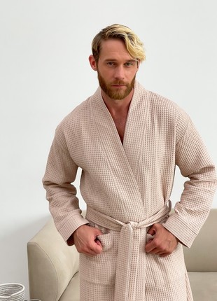 Waffle dressing gown for men COZY collarless kimono beige 8226 photo