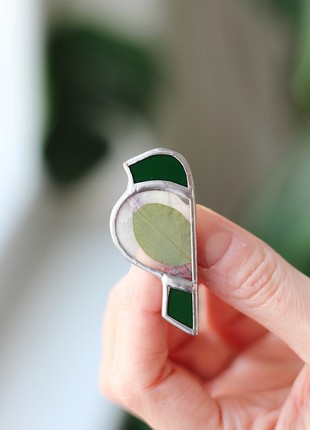 Stained glass bird brooch with preesed flower2 photo