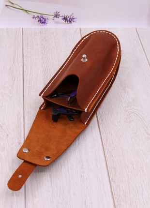 Double handmade leather glasses case on metal belt clip / Brown4 photo