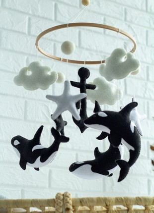 Musical baby mobile with bracket, Monochrome crib mobile "Orca"