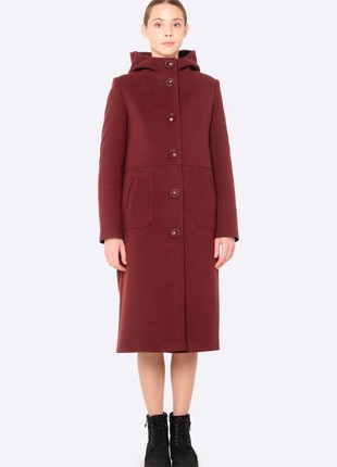 Warm burgundy coat made of wool fabric with a hood 4420
