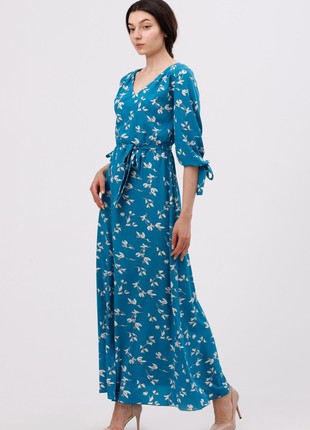 Dark turquoise maxi dress with ties on the sleeves 5708