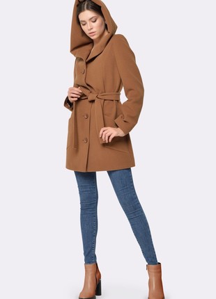 Wool half coat with a hood in chocolate-caramel color 43993 photo