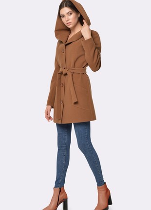 Wool half coat with a hood in chocolate-caramel color 4399