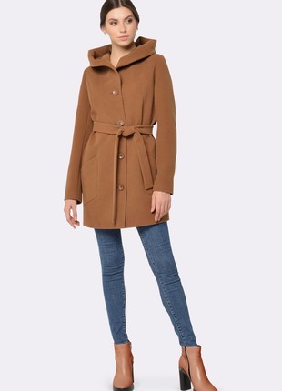 Wool half coat with a hood in chocolate-caramel color 43994 photo