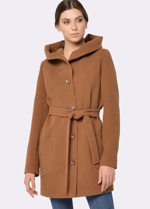 Wool half coat with a hood in chocolate-caramel color 43995 photo