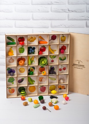 Montessori sorting toy with miniature vegetables and fruits2 photo