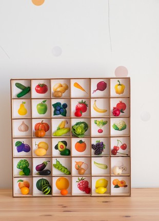 Montessori sorting toy with miniature vegetables and fruits3 photo