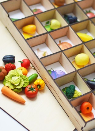 Montessori sorting toy with miniature vegetables and fruits8 photo