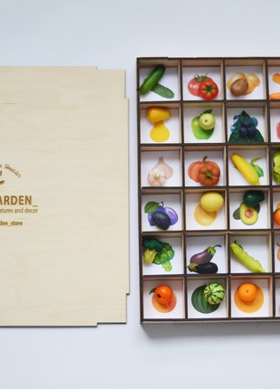 Montessori sorting toy with miniature vegetables and fruits10 photo