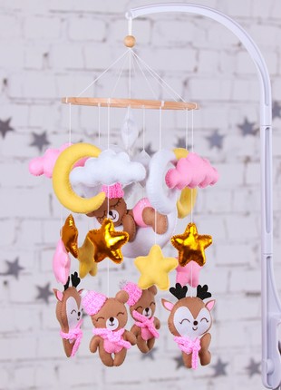 Musical baby mobile with bracket, Baby mobile "Bears and deers" for girl