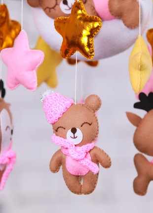 Musical baby mobile with bracket, Baby mobile "Bears and deers" for girl4 photo