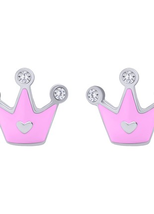 Earrings Crown with a Heart with pink enamel and Cubic Zirconia3 photo