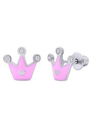 Earrings Crown with a Heart with pink enamel and Cubic Zirconia