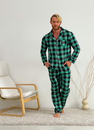 Pajamas for men's home suit COZY made of flannel (pants + shirt) cage green/black F201P