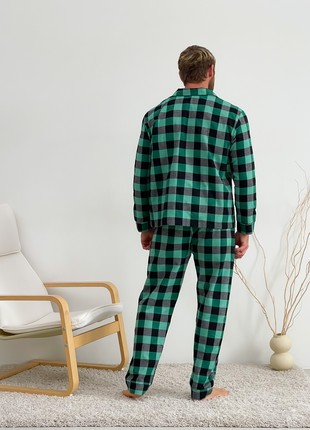 Pajamas for men's home suit COZY made of flannel (pants + shirt) cage green/black F201P2 photo