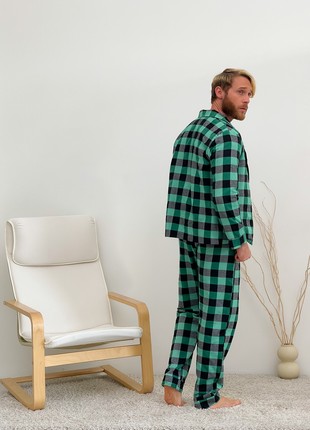 Pajamas for men's home suit COZY made of flannel (pants + shirt) cage green/black F201P4 photo