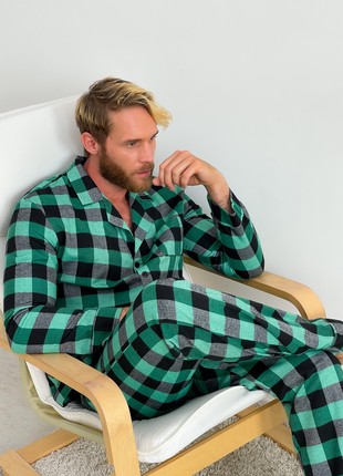 Pajamas for men's home suit COZY made of flannel (pants + shirt) cage green/black F201P7 photo