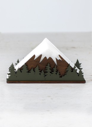 Wooden Cocktail Napkin Holder with Mountains & Forest Design1 photo