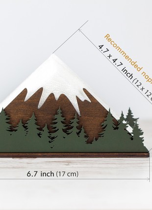 Wooden Cocktail Napkin Holder with Mountains & Forest Design2 photo
