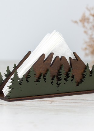 Wooden Cocktail Napkin Holder with Mountains & Forest Design4 photo