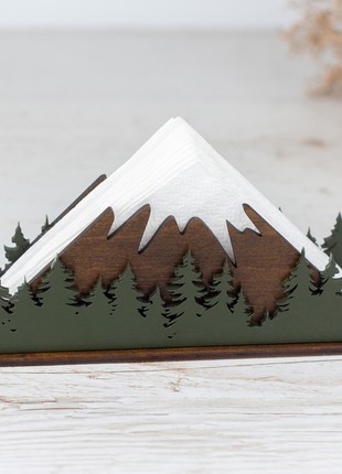 Wooden Cocktail Napkin Holder with Mountains & Forest Design5 photo