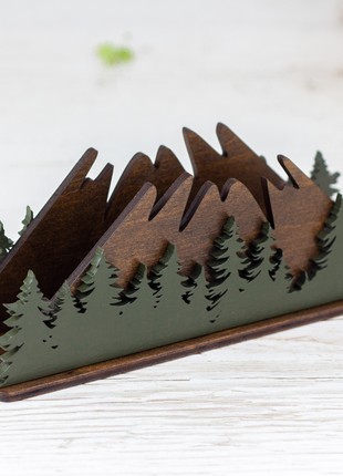 Wooden Cocktail Napkin Holder with Mountains & Forest Design6 photo